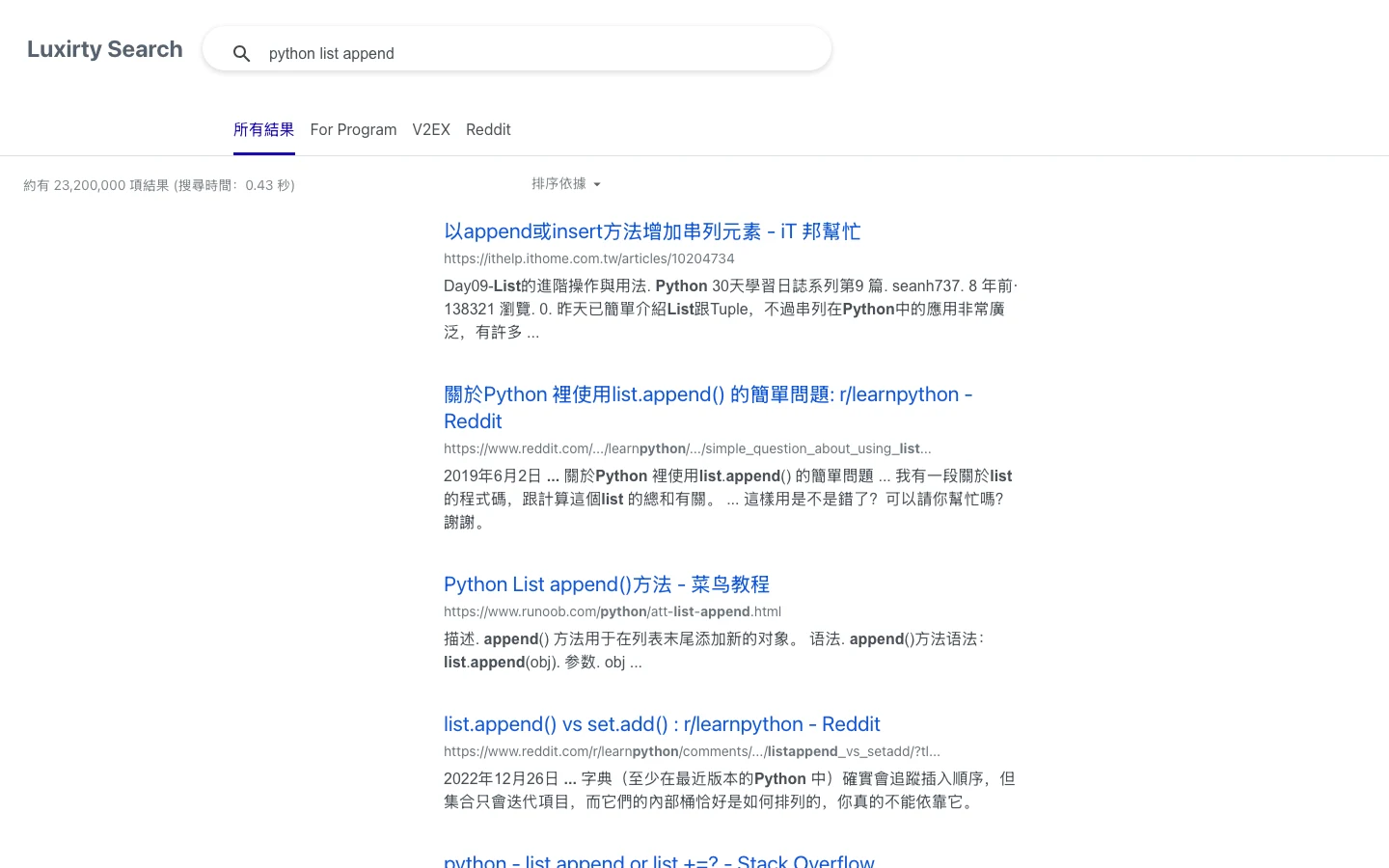 Luxirty Search 以官方開源前端在本機重現後的搜尋結果頁，搜尋 python list append，十筆結果來自 iT 邦幫忙、Reddit、Stack Overflow 等站，過濾名單上的內容農場網域沒有出現