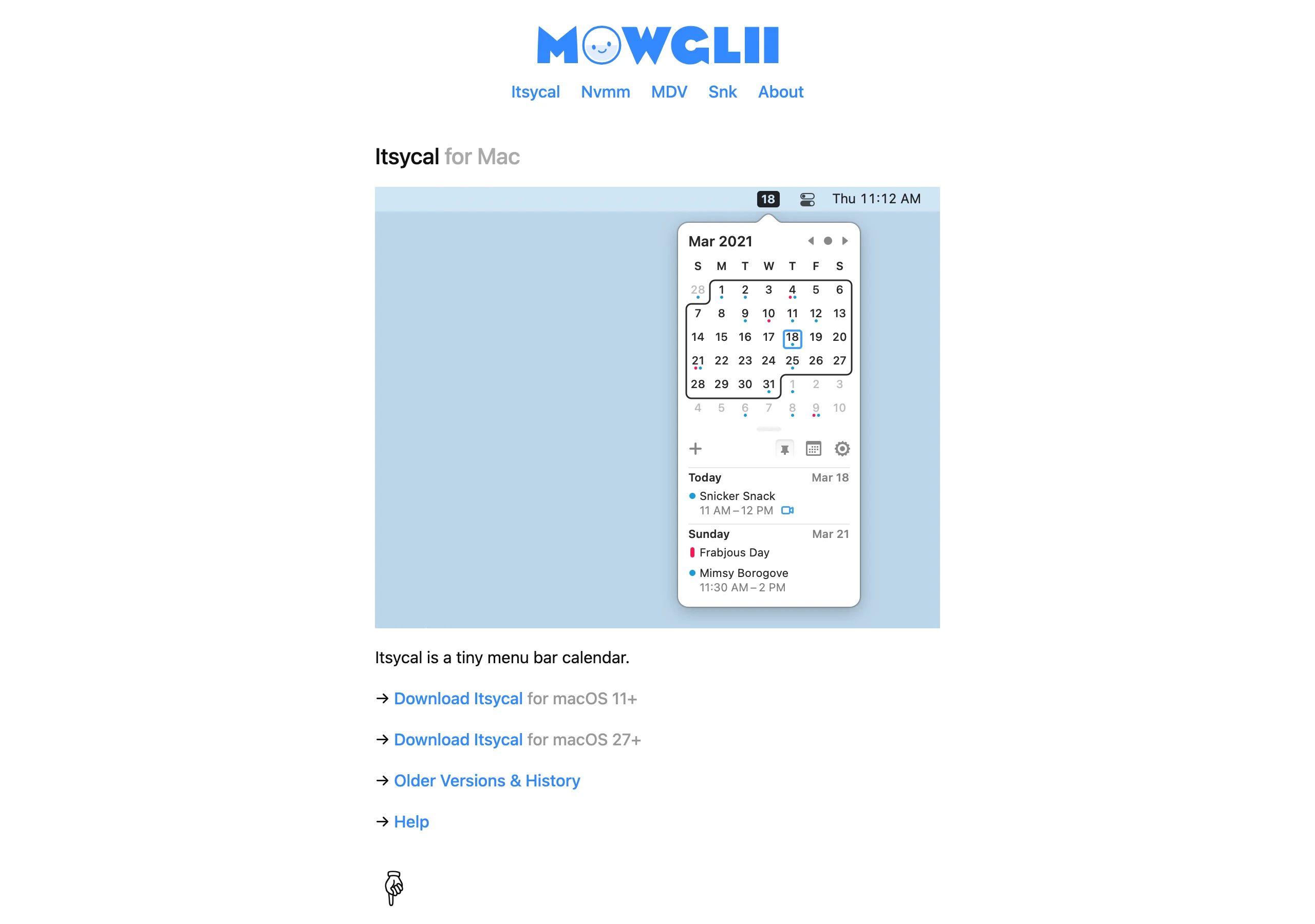Itsycal 是什麼?Mac 選單列免費月曆,下載前先看清版本差異 2 Itsycal 官方網站首頁:選單列月曆展開示範畫面,畫面上有 macOS 11 以上與 macOS 27 以上兩個下載按鈕