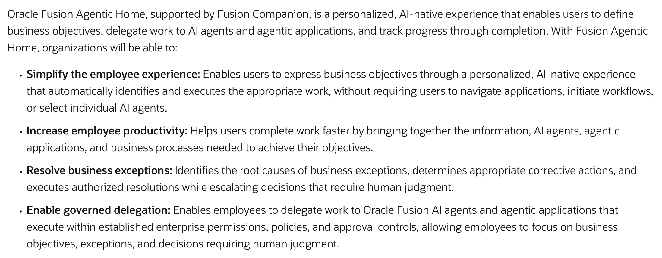 Oracle 宣布 Fusion Companion,把企業工作起點交給 ChatGPT 4 Oracle Fusion Agentic Home 四項能力條列,官方原文動詞為未來式