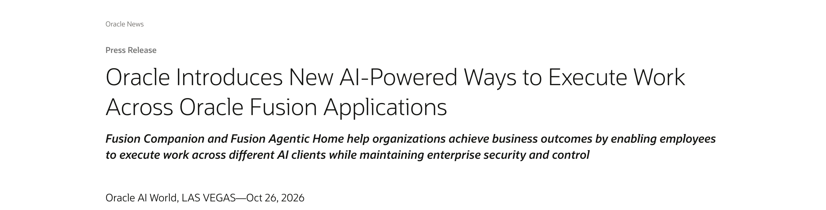 Oracle 宣布 Fusion Companion,把企業工作起點交給 ChatGPT 2 Oracle Fusion Companion 與 Agentic Home 官方公告標題與日期行
