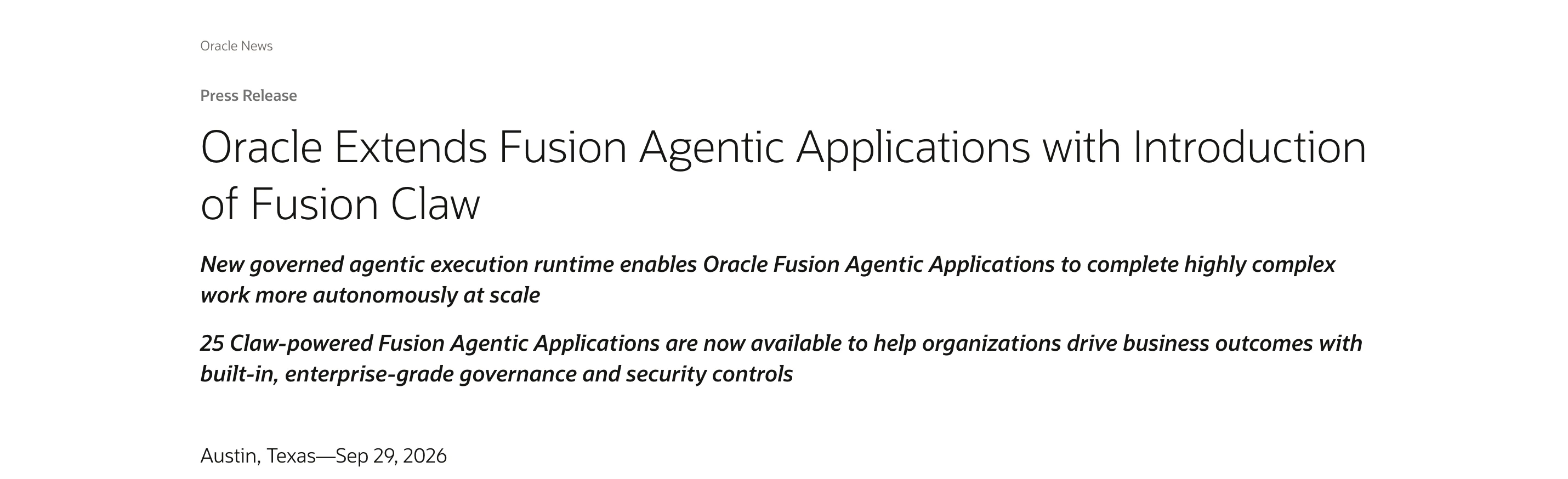 Oracle 宣布 Fusion Companion,把企業工作起點交給 ChatGPT 3 Oracle Fusion Claw 九月公告標題,副標明寫 25 個應用現已可用