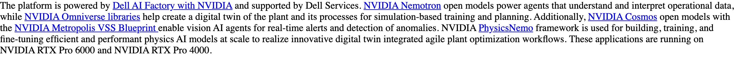 Honeywell 官方新聞稿平台組成段落，列出 Dell AI Factory with NVIDIA、Dell Services、NVIDIA Nemotron、Omniverse、Cosmos、Metropolis VSS Blueprint、PhysicsNemo 與 RTX Pro 顯示卡