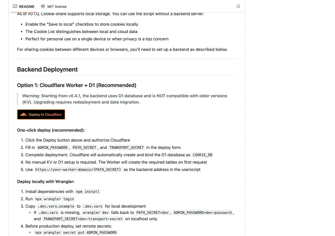 開源 Cookie 分享工具 Cookie-share,用自架後端搬移登入狀態 3 GitHub 專案頁面上的 Deploy to Cloudflare 一鍵部署按鈕與後端部署說明段落,部署表單需要填入管理密碼、路徑秘密與傳輸秘密三個環境變數