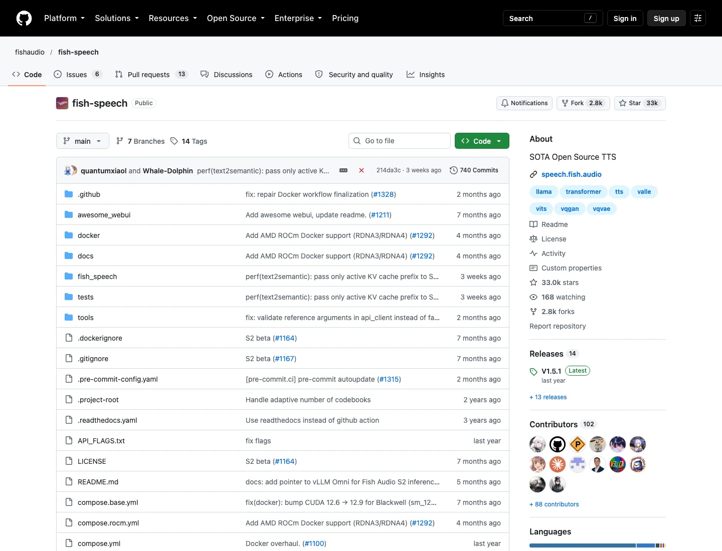 GitHub 上 fishaudio/fish-speech 儲存庫頁面，顯示 33k 星數與授權標示