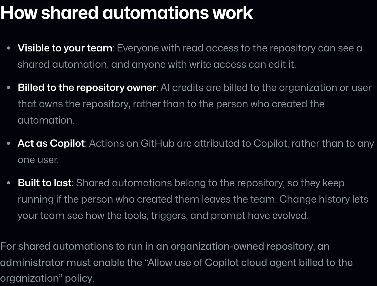 GitHub changelog 共享 Copilot Automations 公告的 How shared automations work 區塊