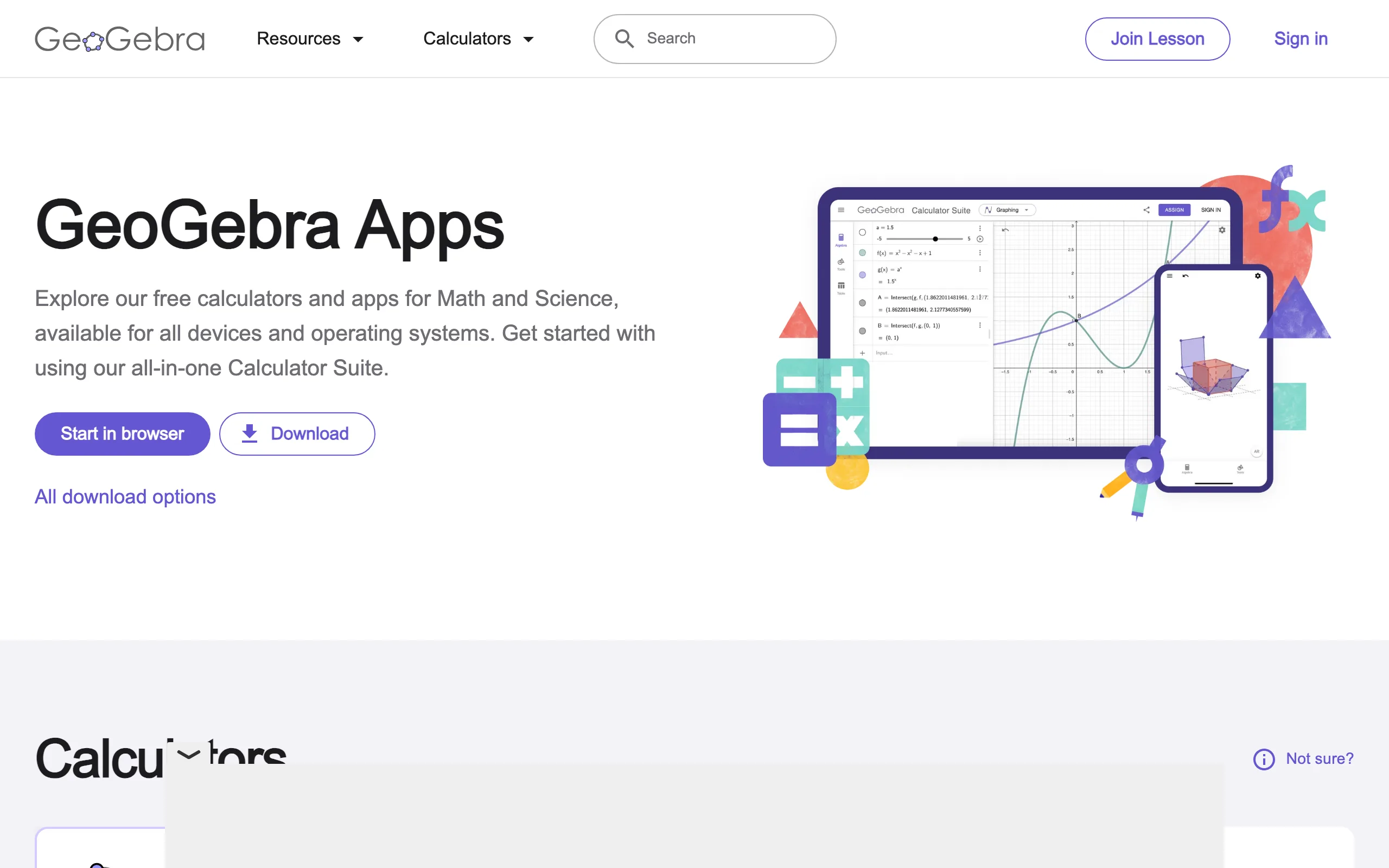 GeoGebra 免費數學繪圖軟體:從函數圖形畫到立體幾何都在瀏覽器裡 2 GeoGebra 官方下載頁的 App 陣容,計算機套件、繪圖計算機、幾何、3D 計算機、CAS 與科學計算機一次列開