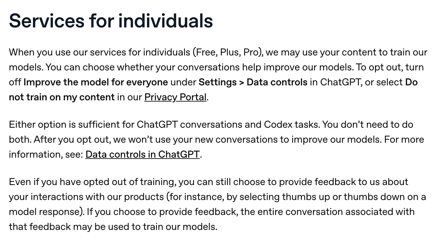 七個 ChatGPT 職涯提示詞熱傳:盤點交給 AI,資料流向自己看 2 OpenAI 說明頁 Services for individuals 段落:個人方案內容可能用於訓練,與兩條退出設定