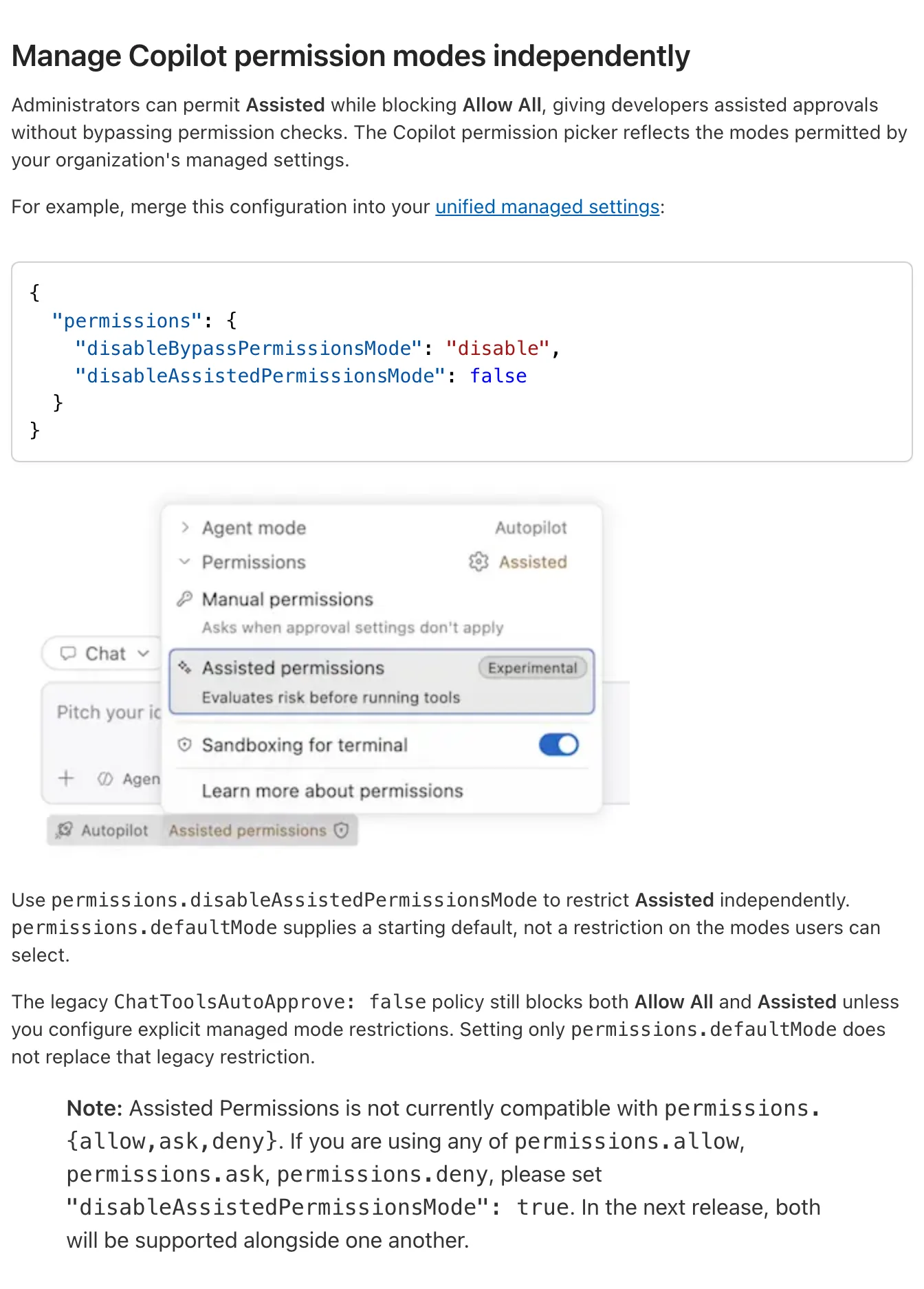 GitHub Copilot 輔助權限正式上線,讓模型先替你審代理操作 4 Visual Studio Code 1.142 版本說明的 Manage Copilot permission modes independently 段落,含企業管理設定範例與權限選單介面