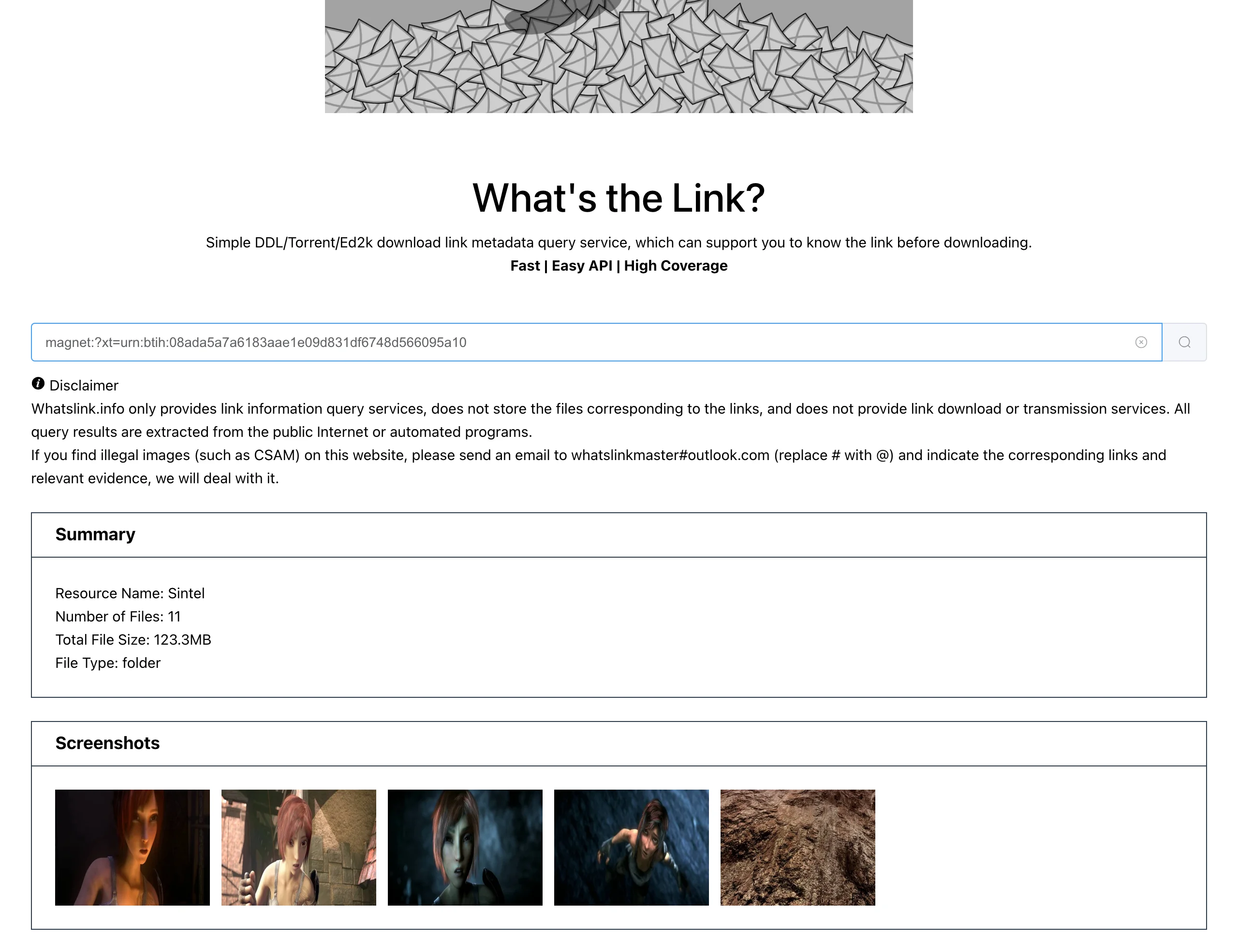 Link Preview 磁力連結預覽:下載前先看清種子裡裝了什麼 2 whatslink.info 查詢 Sintel 磁力連結的結果頁,顯示名稱、檔案數、總大小與五張內容截圖
