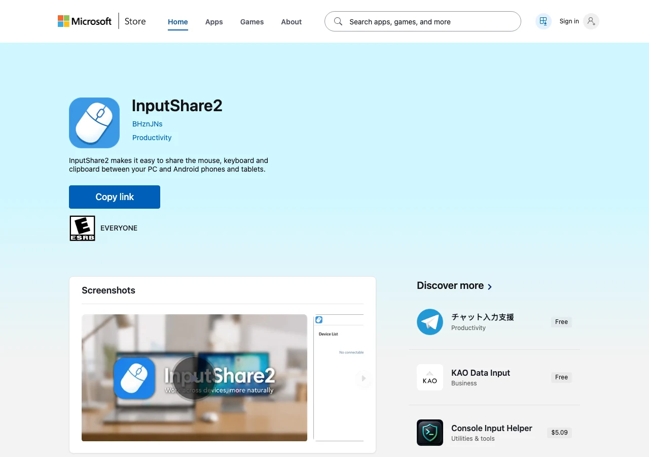 InputShare 開源工具,把電腦鍵盤滑鼠延伸到 Android 手機 3 Microsoft Store 上的 InputShare2 商店頁截圖,開發者 BHznJNs,分類 Productivity,頁面附多裝置連接的官方示意截圖與應用描述