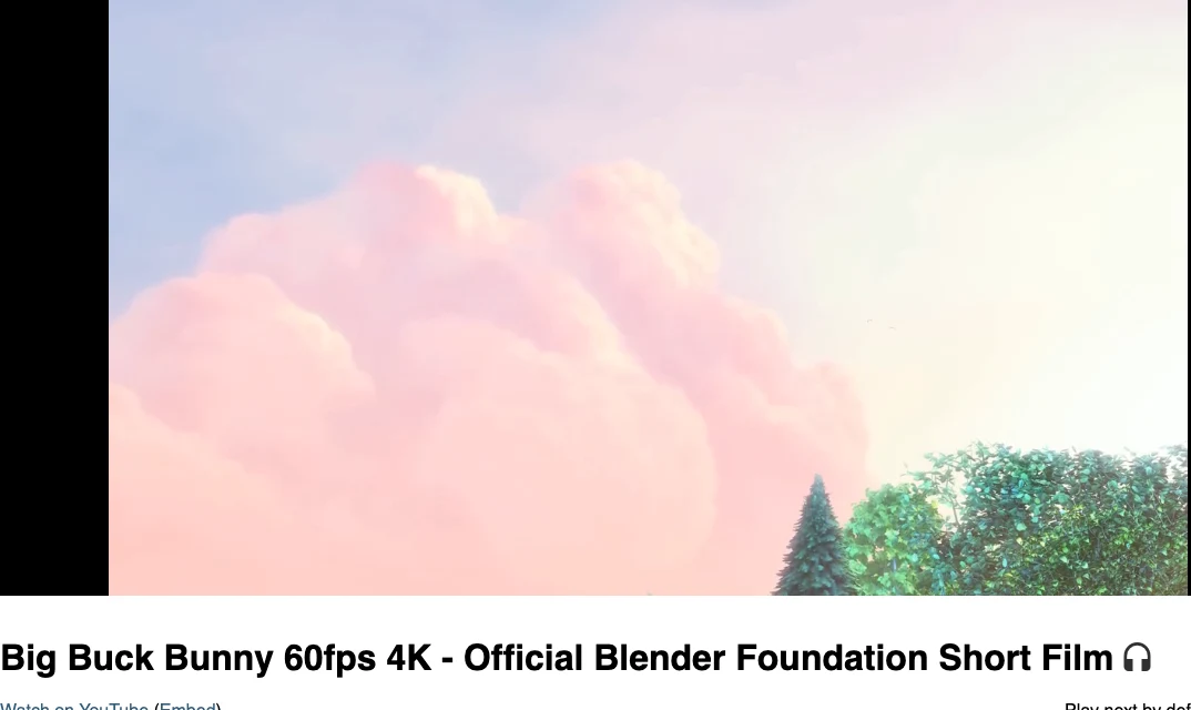自架 Invidious 實例的影片播放頁，正在播放 Blender 基金會以 CC 授權釋出的開源動畫短片，進度條正常前進