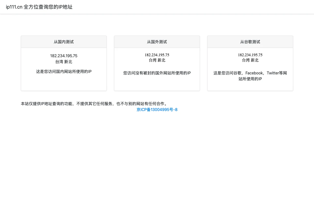 ip111.cn 首頁的三張 IP 查詢卡片：從國內測試、從國外測試與從谷歌測試，各自顯示查詢者的 IP 位址與地理標註