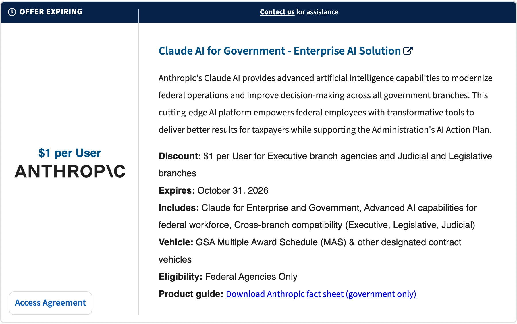 GSA itvmo OneGov 採購目錄 2026 年 10 月 28 日截圖：Claude AI for Government 條目顯示每用戶 1 美元、限聯邦機關、2026 年 10 月 31 日到期，卡片頂部帶 Offer Expiring 到期提示，採購管道為 GSA Multiple Award Schedule