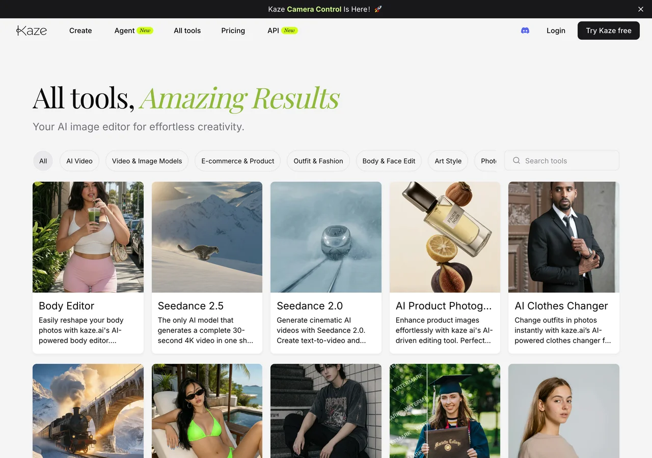 Kaze AI 工具目錄頁，分類標籤列與 Body Editor、Seedance 等工具卡並列顯示