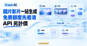TechMoon 精選圖｜Kaze AI 圖片影片生成平台概念圖，圖片、影片與 API 工作流卡片呈現免費額度和 API 分開計價。