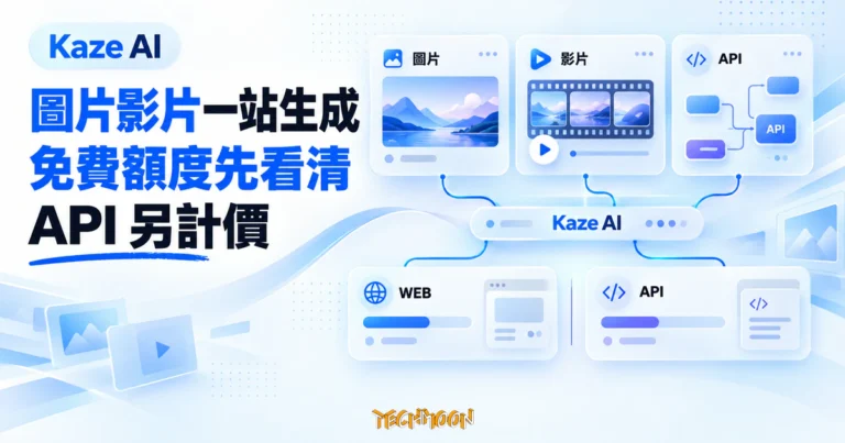 TechMoon 精選圖｜Kaze AI 圖片影片生成平台概念圖，圖片、影片與 API 工作流卡片呈現免費額度和 API 分開計價。
