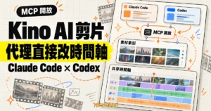 TechMoon 精選圖｜Kino AI 代理剪片概念圖，Claude Code 與 Codex 經 MCP 節點搜尋素材並修改共享影片時間軸