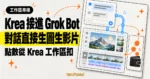 TechMoon 精選圖｜Krea 接進 Grok Bot，讓對話入口連到生圖與影片工作區，點數由 Krea 工作區錢包扣除。
