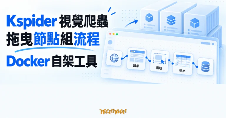 TechMoon 精選圖｜Kspider 把請求、擷取與輸出節點拖曳連線，組成可用 Docker 自架的網頁資料爬取流程。