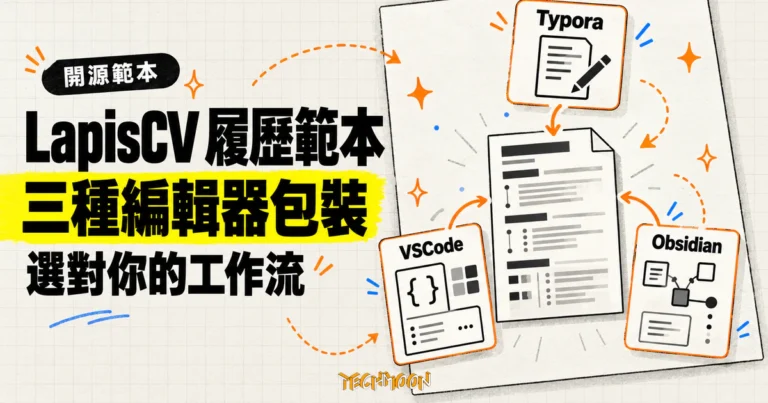 TechMoon 精選圖｜LapisCV Markdown 履歷範本可透過 Typora、VSCode 與 Obsidian 三種編輯器包裝使用。