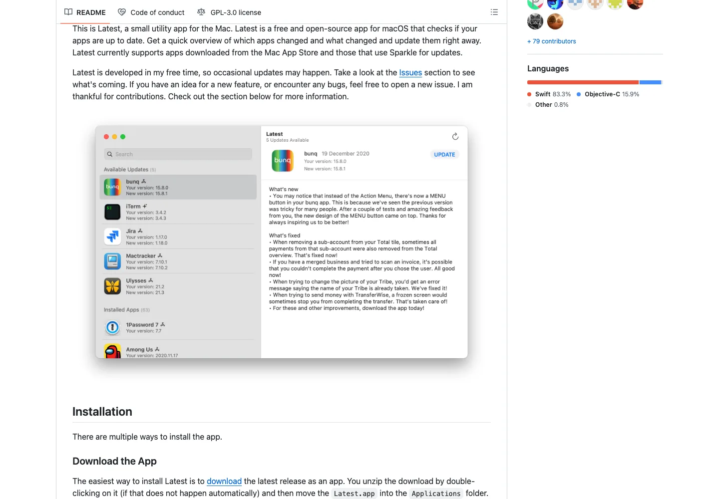 Latest macOS 更新檢查工具:把全機 App 的新版本狀態一次看清 3 GitHub 儲存庫頁面上的 Latest 應用程式介面截圖,顯示可用更新清單