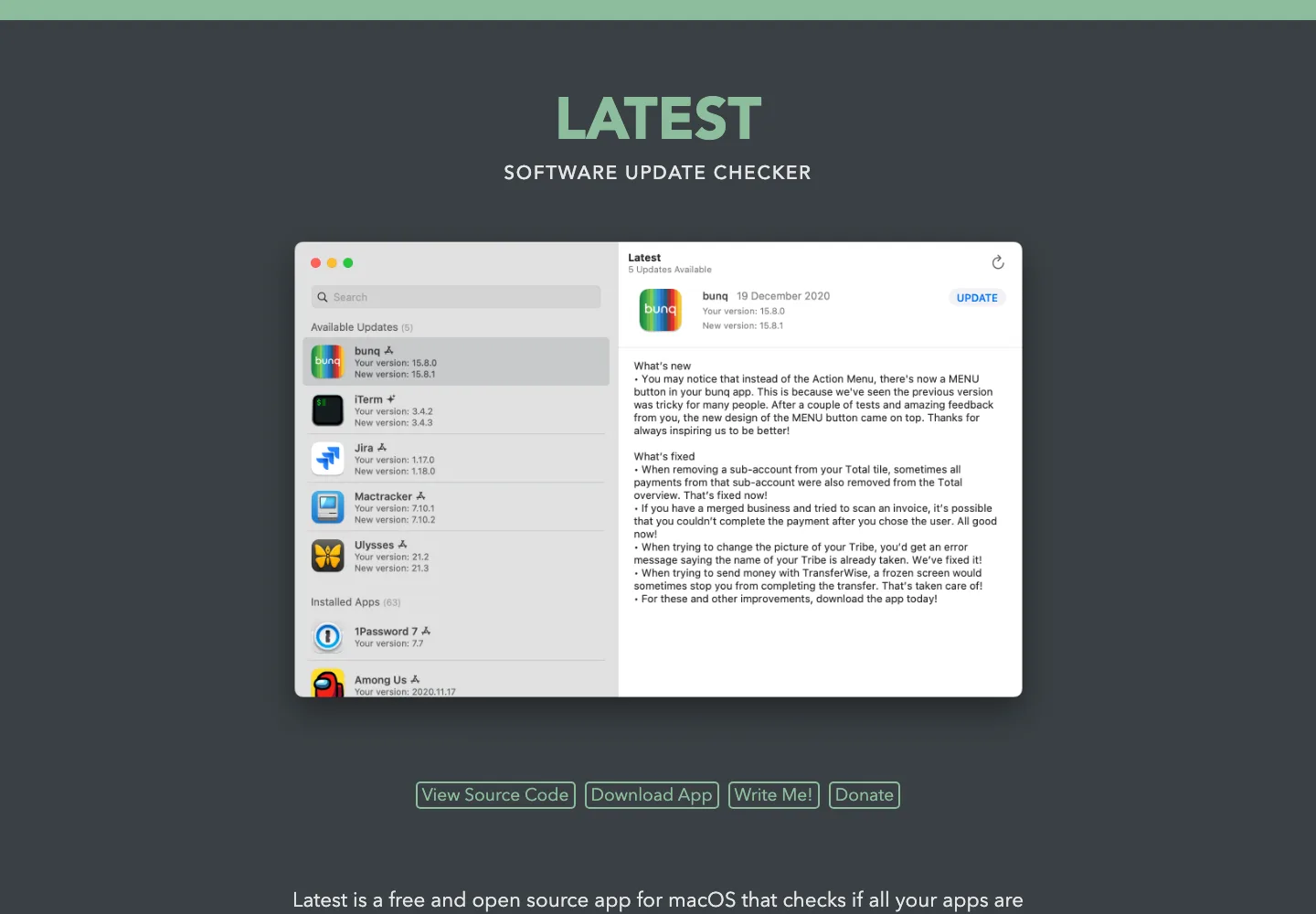 Latest macOS 更新檢查工具:把全機 App 的新版本狀態一次看清 2 Latest 官方網站與應用程式主畫面示意,清單列出待更新 App 與版本差異