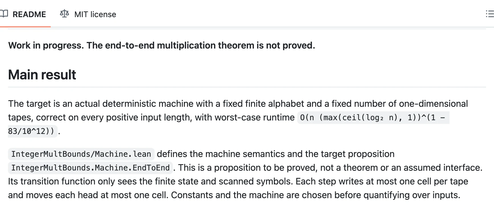 OpenAI 整數乘法界線,社群四天把理論節省量推高超過十倍 4 Lean 儲存庫 README 開頭,標明進行中與端到端定理尚未證明