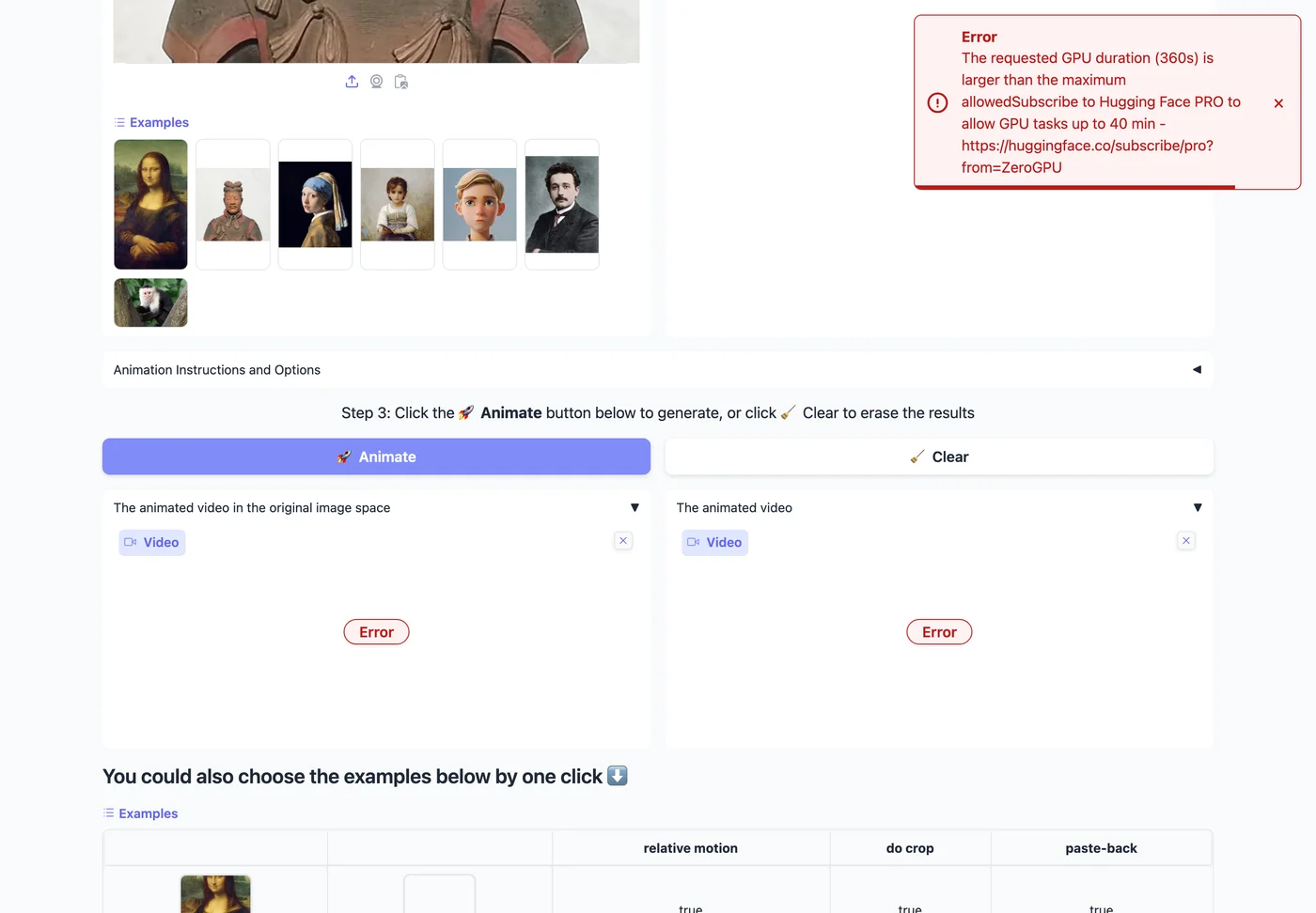 LivePortrait 開源讓照片動起來,免費額度與商用界線先看清 5 示範空間回傳的錯誤訊息,指出請求的 GPU 時長 360 秒超過允許上限,建議訂閱 Hugging Face PRO