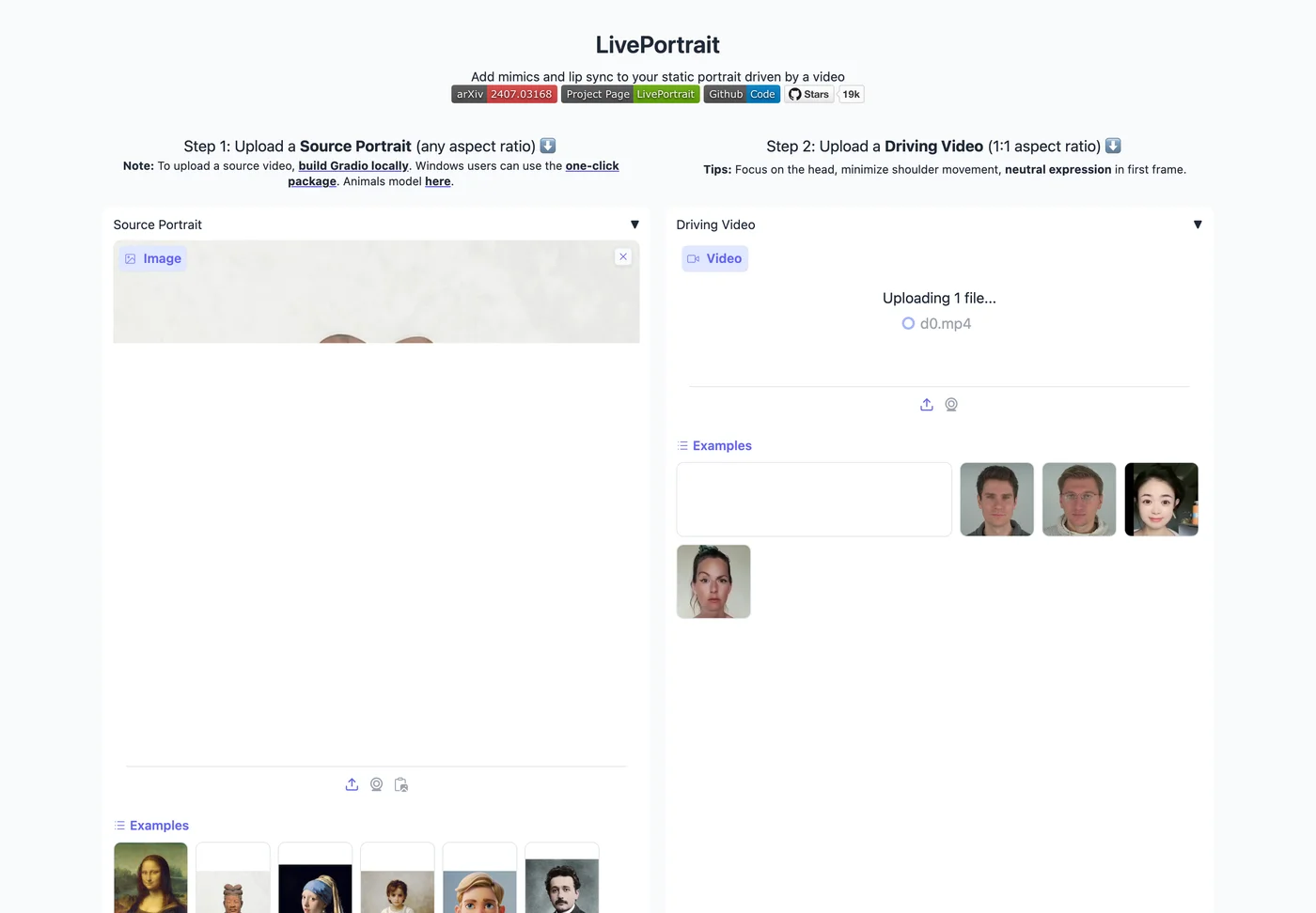 LivePortrait 開源讓照片動起來,免費額度與商用界線先看清 4 LivePortrait 官方示範空間的操作介面,來源照片與驅動影片欄位皆已上傳範例素材
