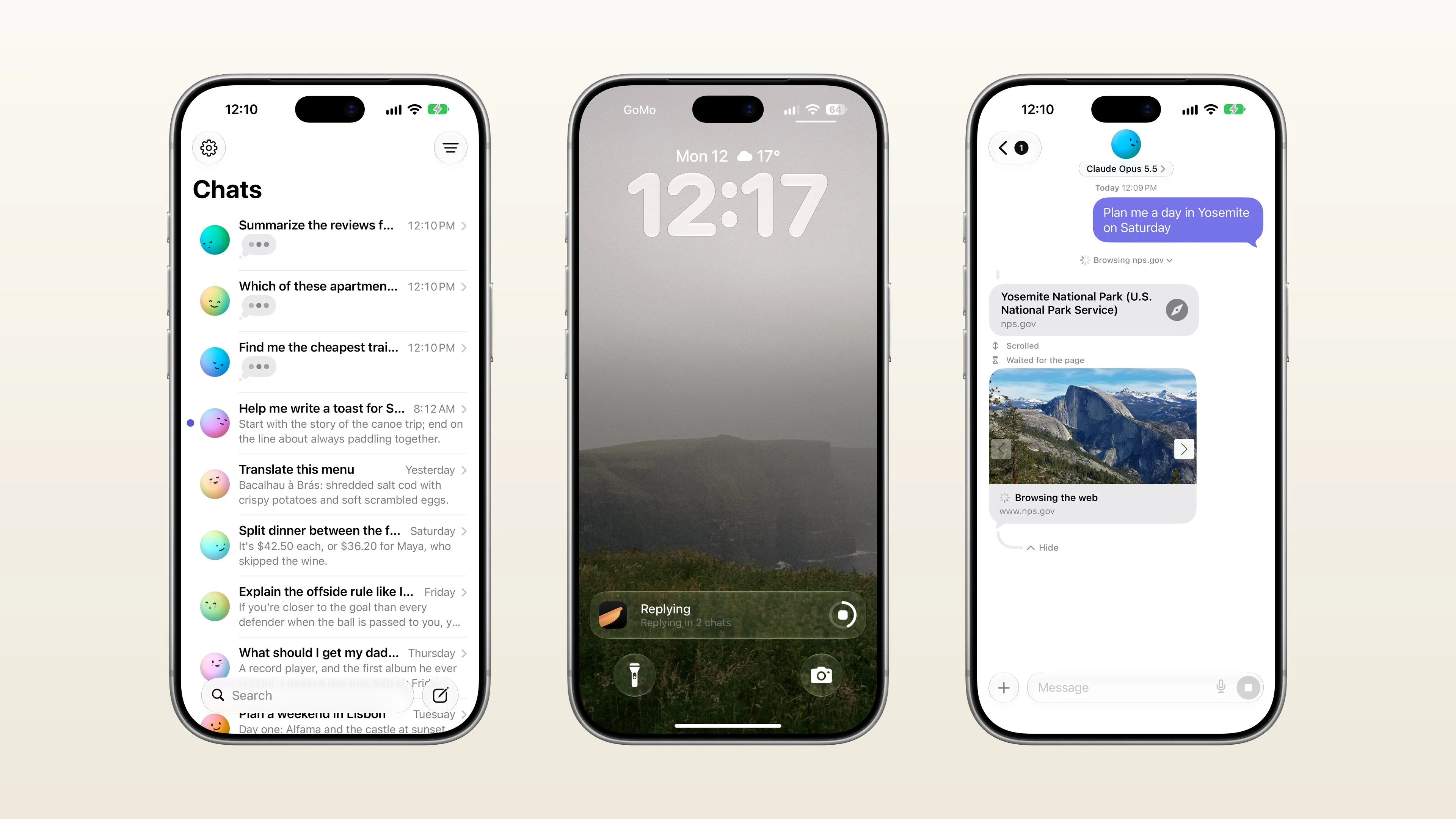 Pelican iPhone AI 代理:鎖定後繼續跑,宣稱都有畫面可核對 3 官方截圖:鎖定畫面上的即時動態卡顯示 Replying in 2 chats,左側聊天列表三個對話同時生成中