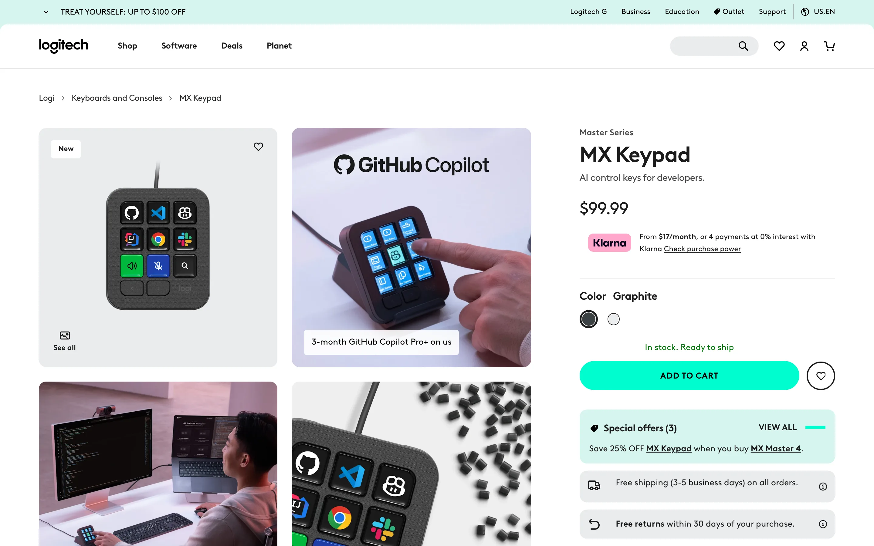 羅技 MX Keypad 整合 GitHub Copilot,AI 代理工作一鍵啟動 2 羅技官方商品頁的 MX Keypad 產品頁面,定價 US$99.99,標示每台附三個月 GitHub Copilot Pro+