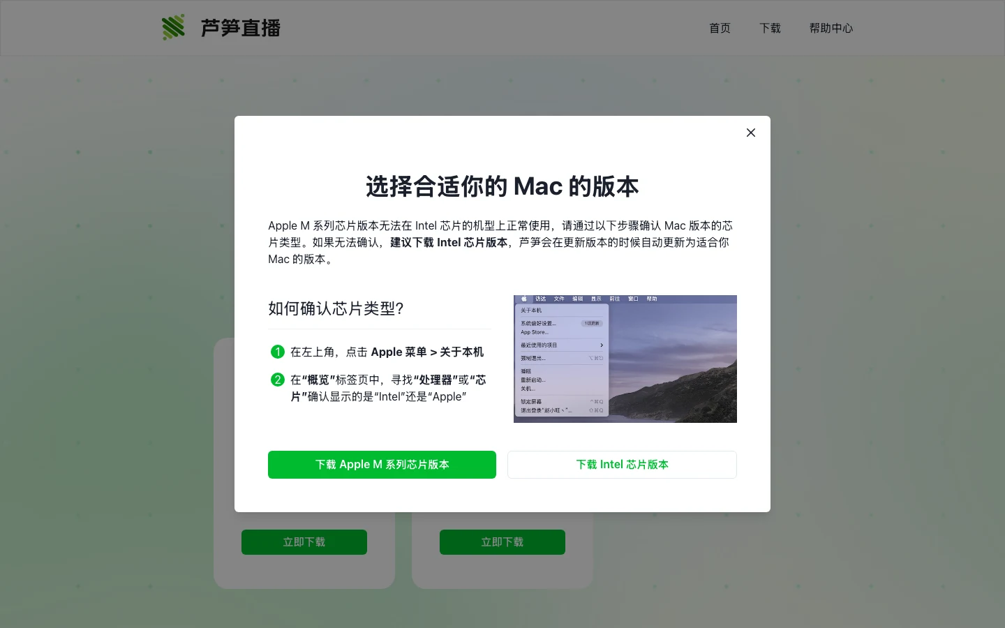 macOS 版下載時的晶片版本選擇視窗，提供 Apple M 系列與 Intel 兩個下載選項，下方說明文字提到版本更新時會自動更新為適合的版本