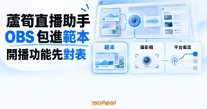 TechMoon 精選圖｜蘆筍直播助手把 OBS 引擎包進範本外殼，並對照範本、攝影機與平台推流三項開播功能。