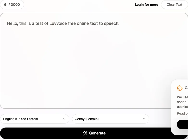 Luvvoice 免費文字轉語音編輯區，字元計數器顯示 61 / 3000，旁邊是登入以獲得更多按鈕與 Jenny 聲音選擇