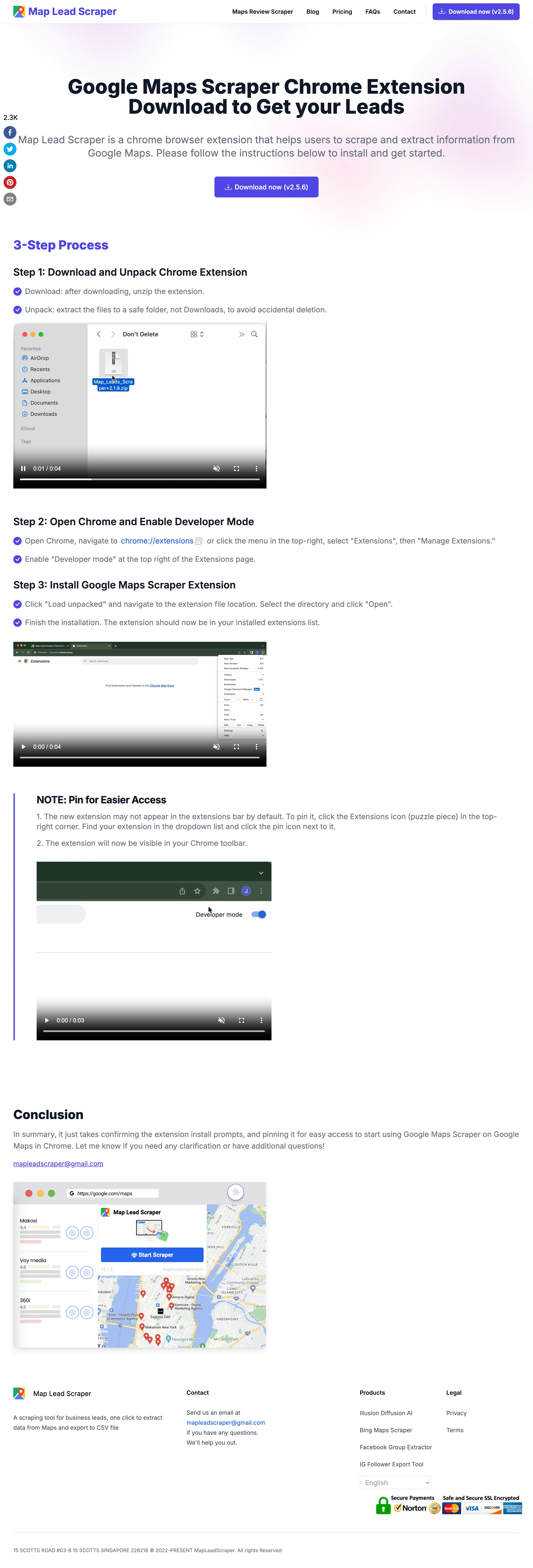 Map Lead Scraper:Google 地圖商家名單擴充,免費版 15 筆就停 2 Map Lead Scraper 官方 Chrome 安裝教學頁,步驟為下載 ZIP、解壓縮、開啟開發人員模式後載入未封裝擴充功能