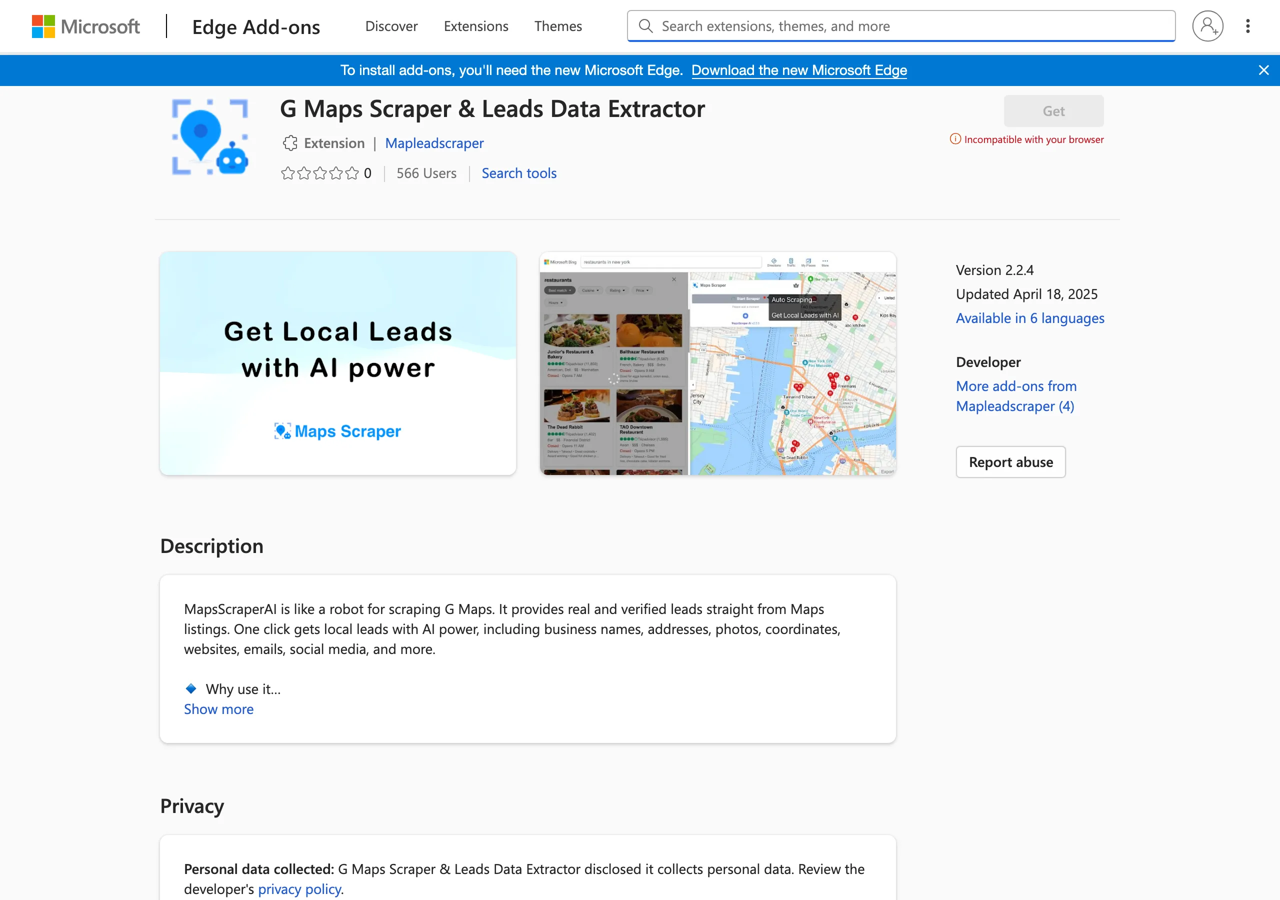 Map Lead Scraper:Google 地圖商家名單擴充,免費版 15 筆就停 3 Edge Add-ons 商店上的 G Maps Scraper 與 Leads Data Extractor 頁面,版本 2.2.4、566 位使用者、尚無評分