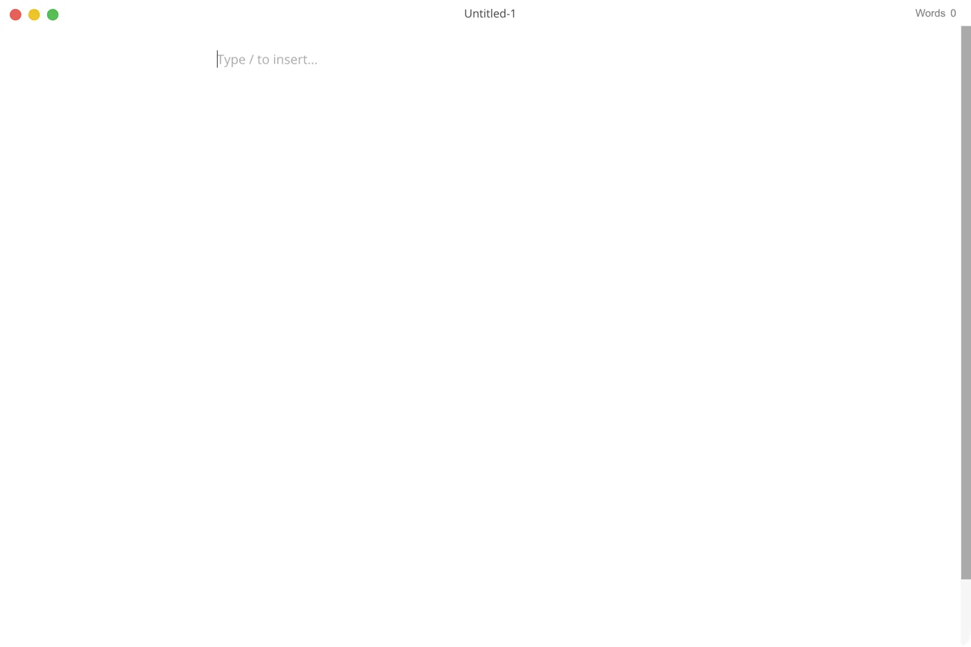 MarkText v0.23.0 新文件畫面，極簡介面僅有斜線插入提示與字數統計