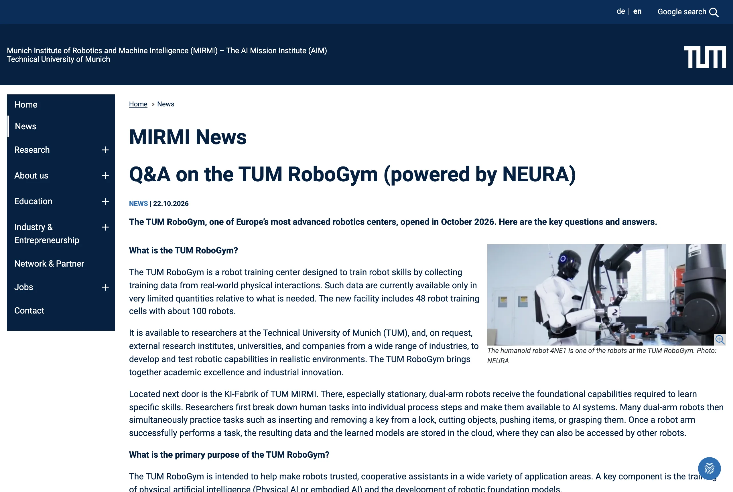 NEURA 4NE1 Gen 4 是配角,開張的是機器人訓練工廠 RoboGym 3 TUM MIRMI 問答頁面,標題 Q&A on the TUM RoboGym powered by NEURA,日期 2026 年 10 月 22 日