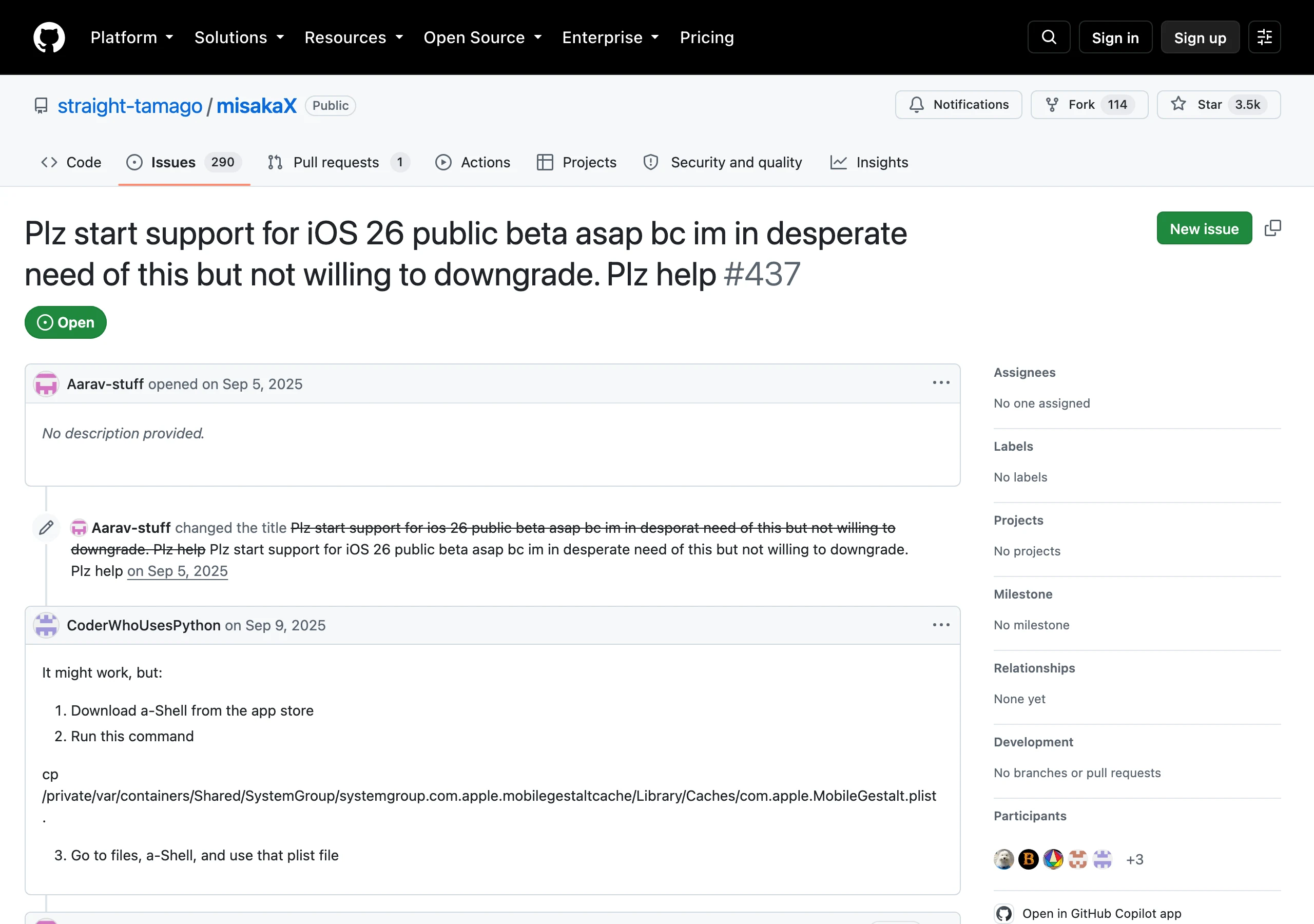 GitHub issue 437 頁截圖，標題是請求支援 iOS 26 公測版，狀態顯示 Open 開啟中