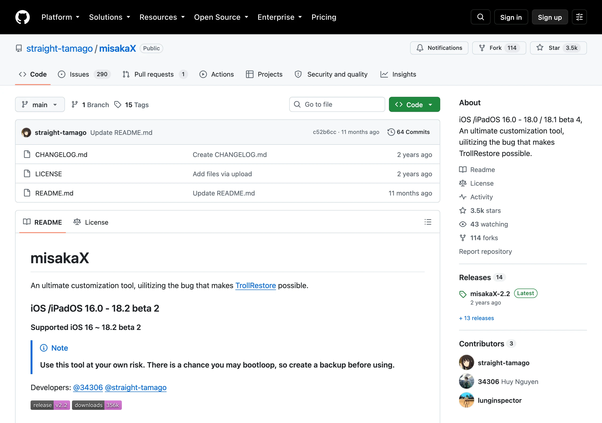misakaX 的 GitHub 專案頁截圖，顯示 3.5k 星數、114 次 fork，與 iOS 16.0 至 18.2 beta 2 的支援範圍標示