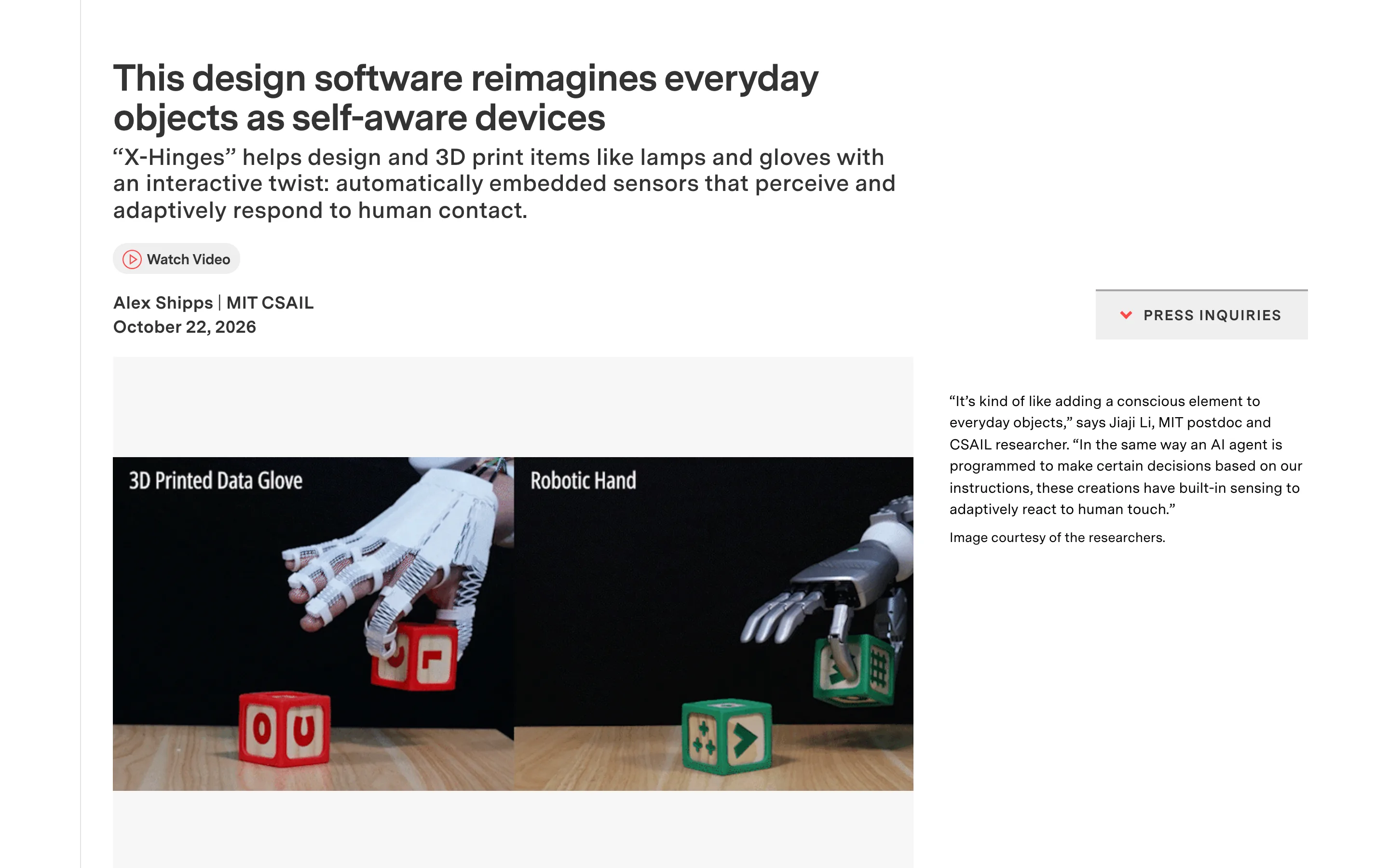 MIT X-Hinges 把感測器列印進零件,讓 3D 列印品自己量變形 2 MIT News 官方公告頁截圖:2026 年 10 月 22 日發布,標題寫著把日常物件重新想像成自覺裝置的設計軟體