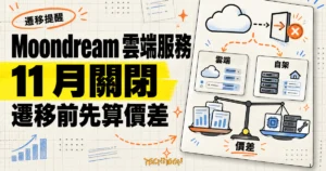 TechMoon 精選圖｜Moondream 雲端服務 11 月關閉，右側以雲端遷移路徑與成本秤提醒用戶先比較價差