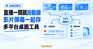 TechMoon 精選圖｜多平台直播自動錄製桌面工具概念圖，呈現開播偵測後自動錄影並同步保存彈幕的工作流程