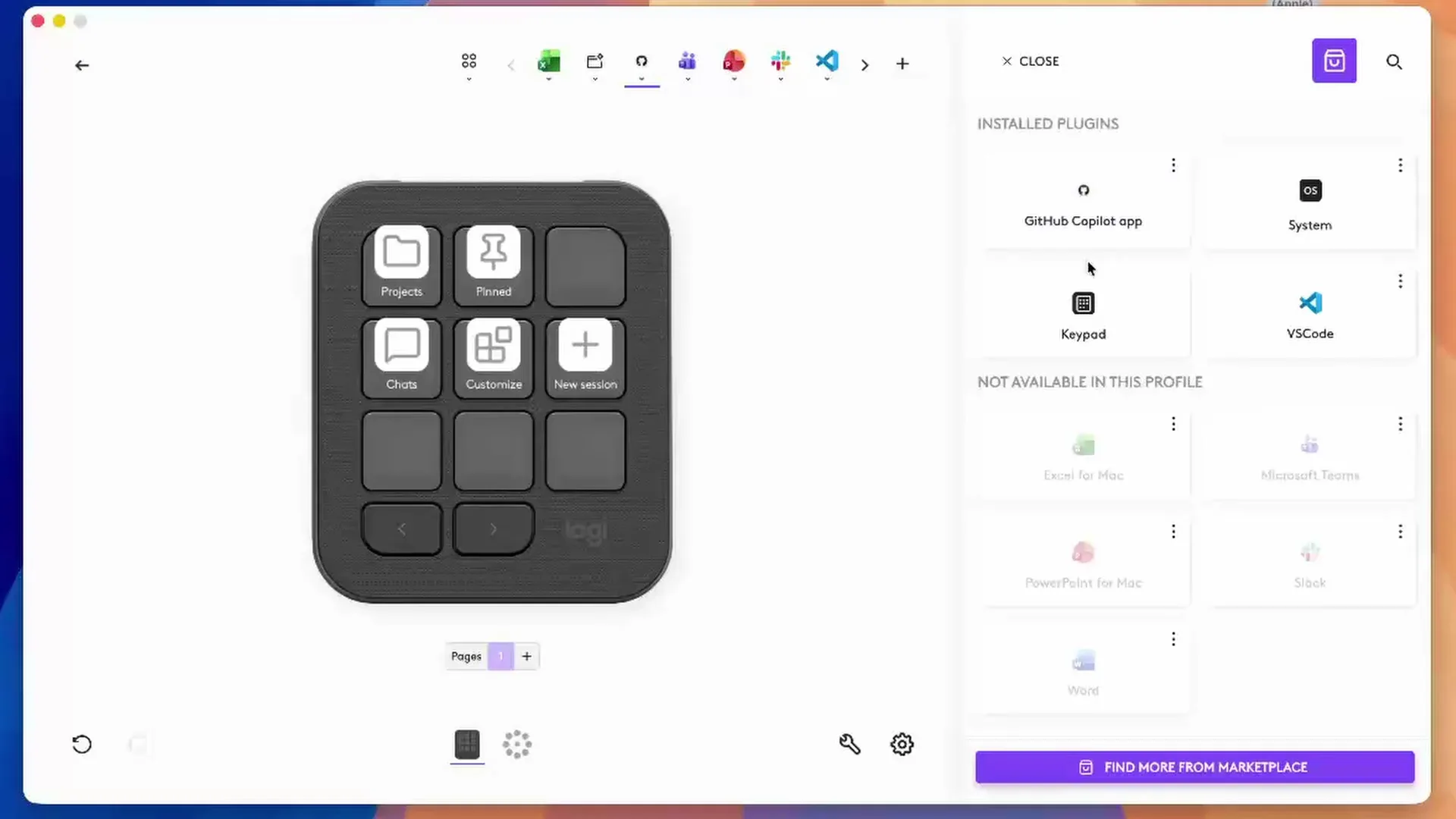 羅技 MX Keypad 整合 GitHub Copilot,AI 代理工作一鍵啟動 4 GitHub 官方示範影片畫面,設定軟體的外掛面板顯示已安裝 GitHub Copilot app、System、Keypad、VSCode 等外掛