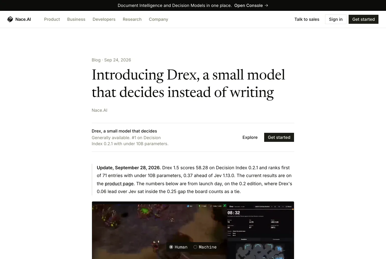 Drex 1.5 開放權重決策模型,把選項機率判斷搬進你的電腦 4 Nace.AI 官方部落格 Introducing Drex 發布文與 9 月 28 日更新註記