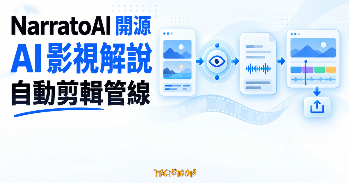 NarratoAI 影視解說工具實測:免費的只有本體,會動的環節分開計費 1 TechMoon 精選圖|NarratoAI 將影片理解、解說文案、配音字幕與自動剪輯串成開源 AI 管線