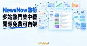 TechMoon 精選圖｜多張抽象熱門內容卡片匯入同頁閱讀面板，旁接分支節點、堆疊模組與雲端節點，呈現 NewsNow 聚合多站熱門內容並可自行架設。