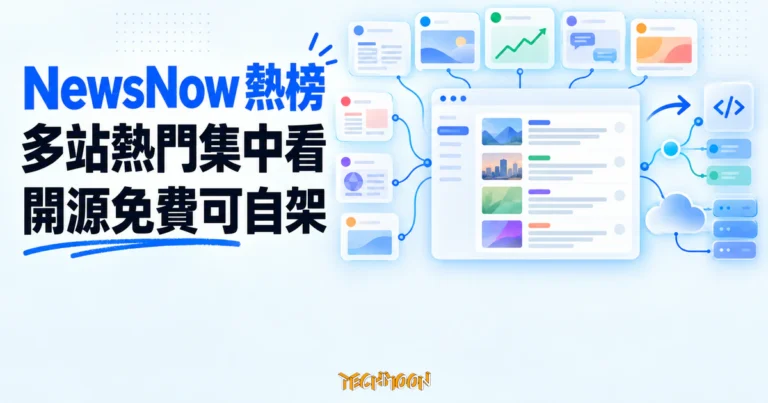 NewsNow:把 52 個熱榜收進一頁,開源免費還能自己架 2 TechMoon 精選圖|多張抽象熱門內容卡片匯入同頁閱讀面板,旁接分支節點、堆疊模組與雲端節點,呈現 NewsNow 聚合多站熱門內容並可自行架設。