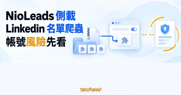 TechMoon 精選圖｜NioLeads 名單爬蟲從 ZIP 側載進瀏覽器，並連到帳號風險節點的概念圖。