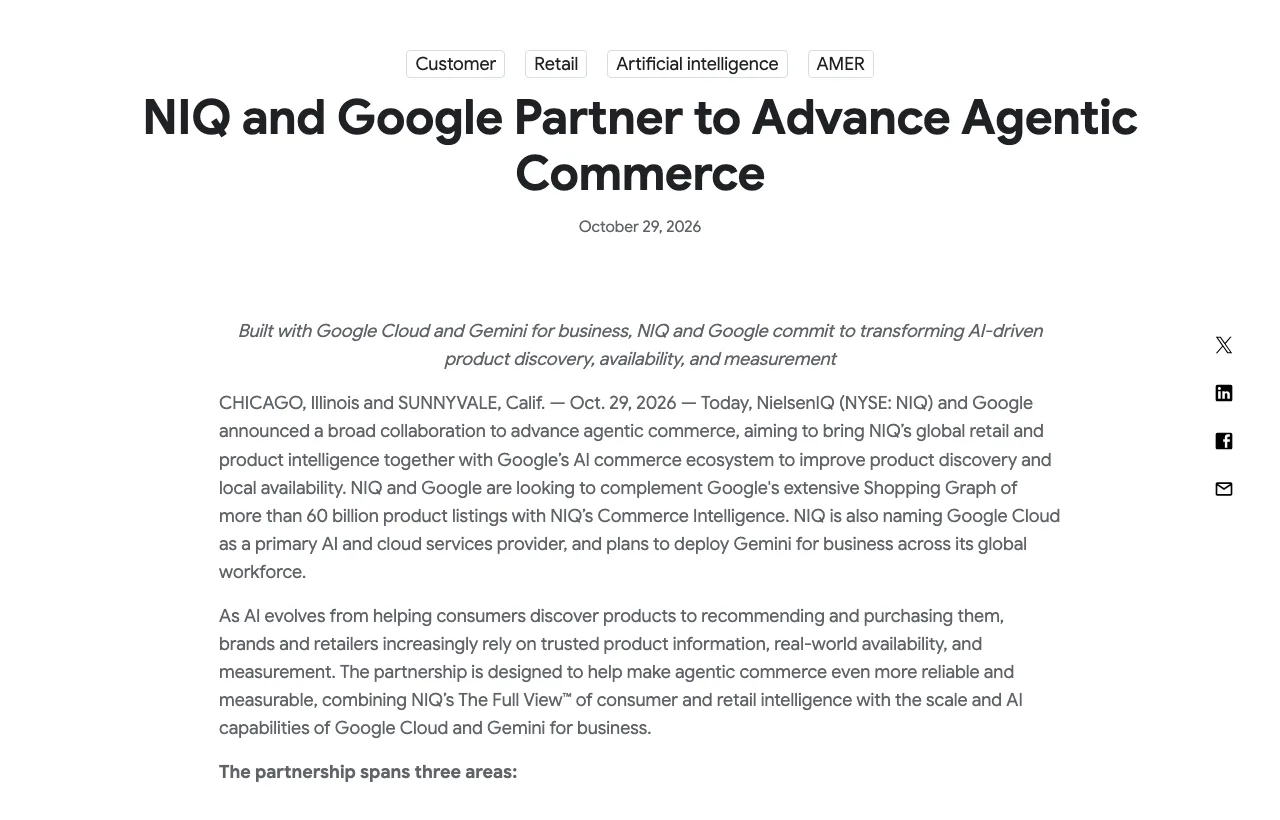 TechMoon：Google Cloud 新聞稿公告頁，NIQ 與 Google 於 2026 年 10 月 29 日宣布合作推進代理購物